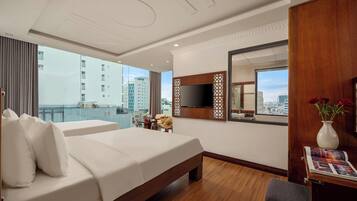 Family Quadruple Room, City View | Premium bedding, desk, laptop workspace, blackout drapes