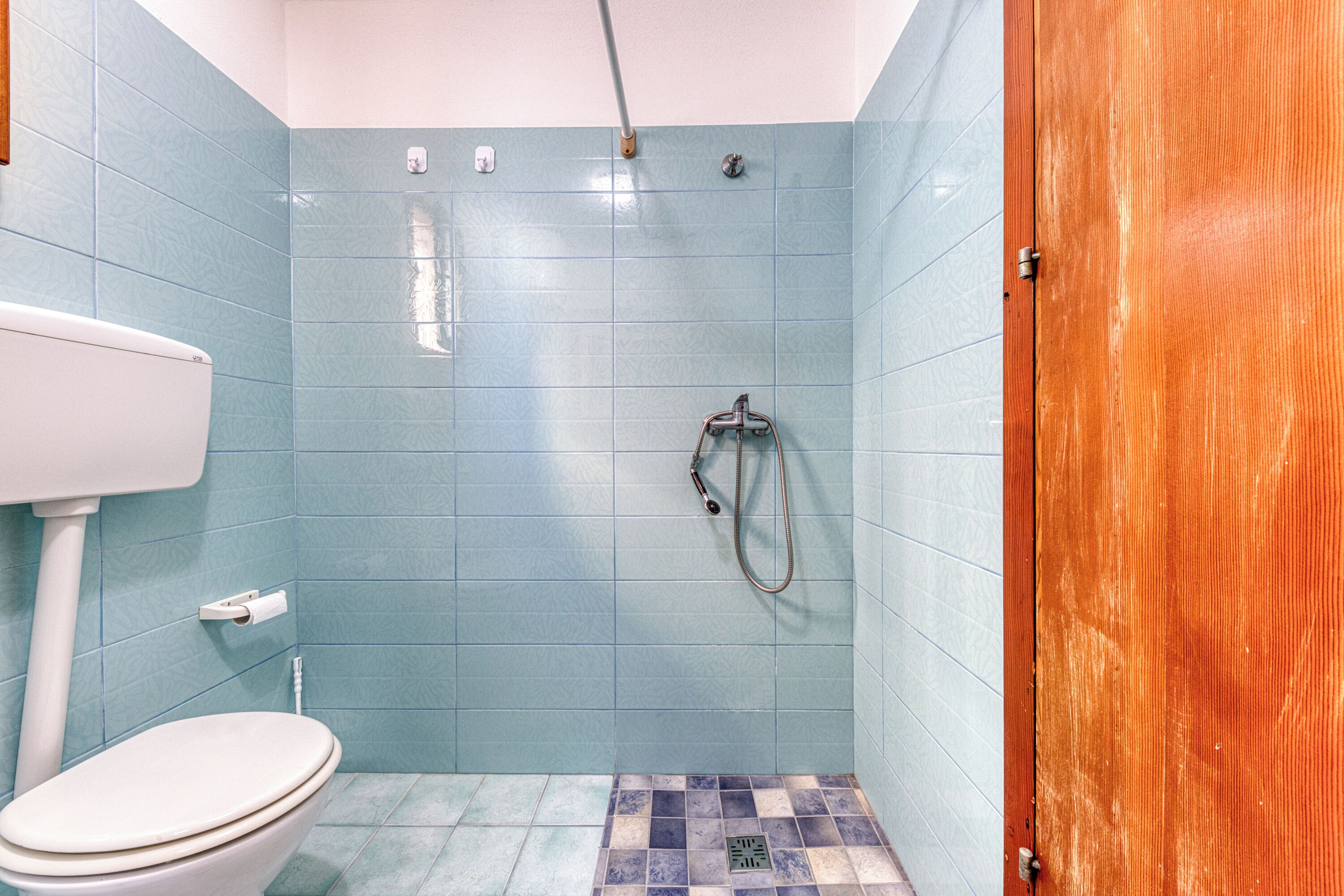 A small bathroom with a toilet, a shower, and a wooden door.