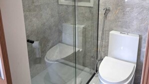 A modern bathroom with a glass-enclosed shower, a toilet, and a bidet.