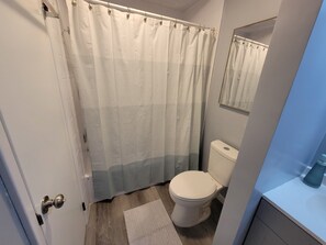 A bathroom with a toilet, a shower curtain, and a rug on the floor. - Modern. 5 min to Penn State Breakfast included, King bed, Game Room! Toftrees (State College)