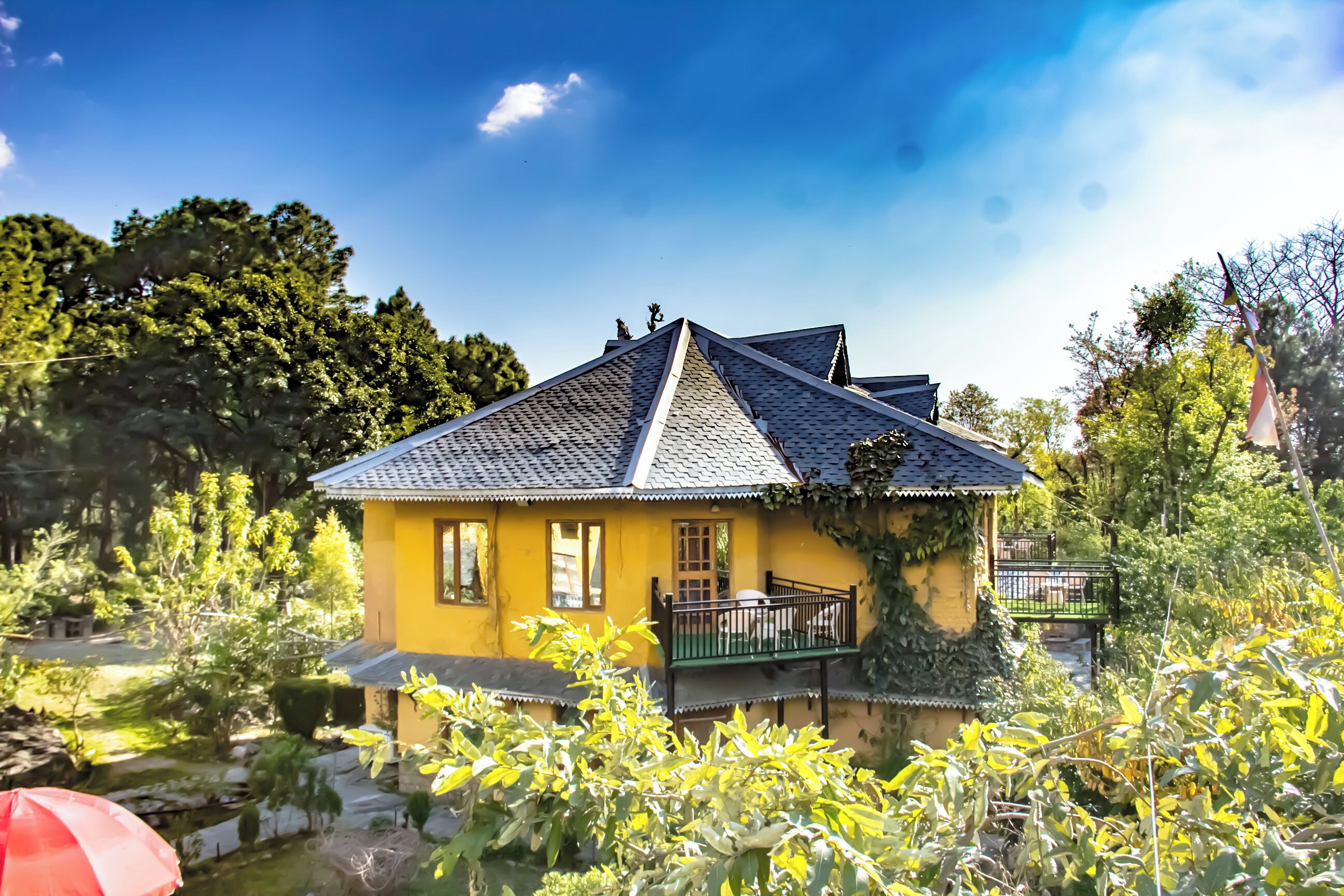A yellow house with a tiled roof, surrounded by greenery and a small pond.
