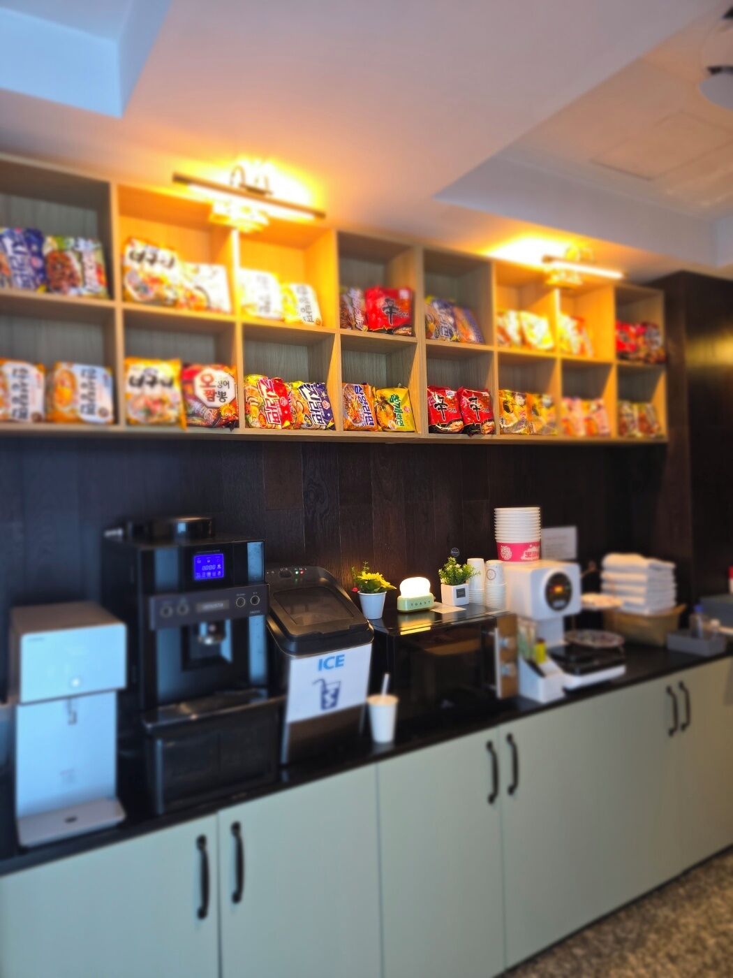 A snack bar with shelves of packaged snacks, a coffee machine, an ice dispenser, and a small plant.