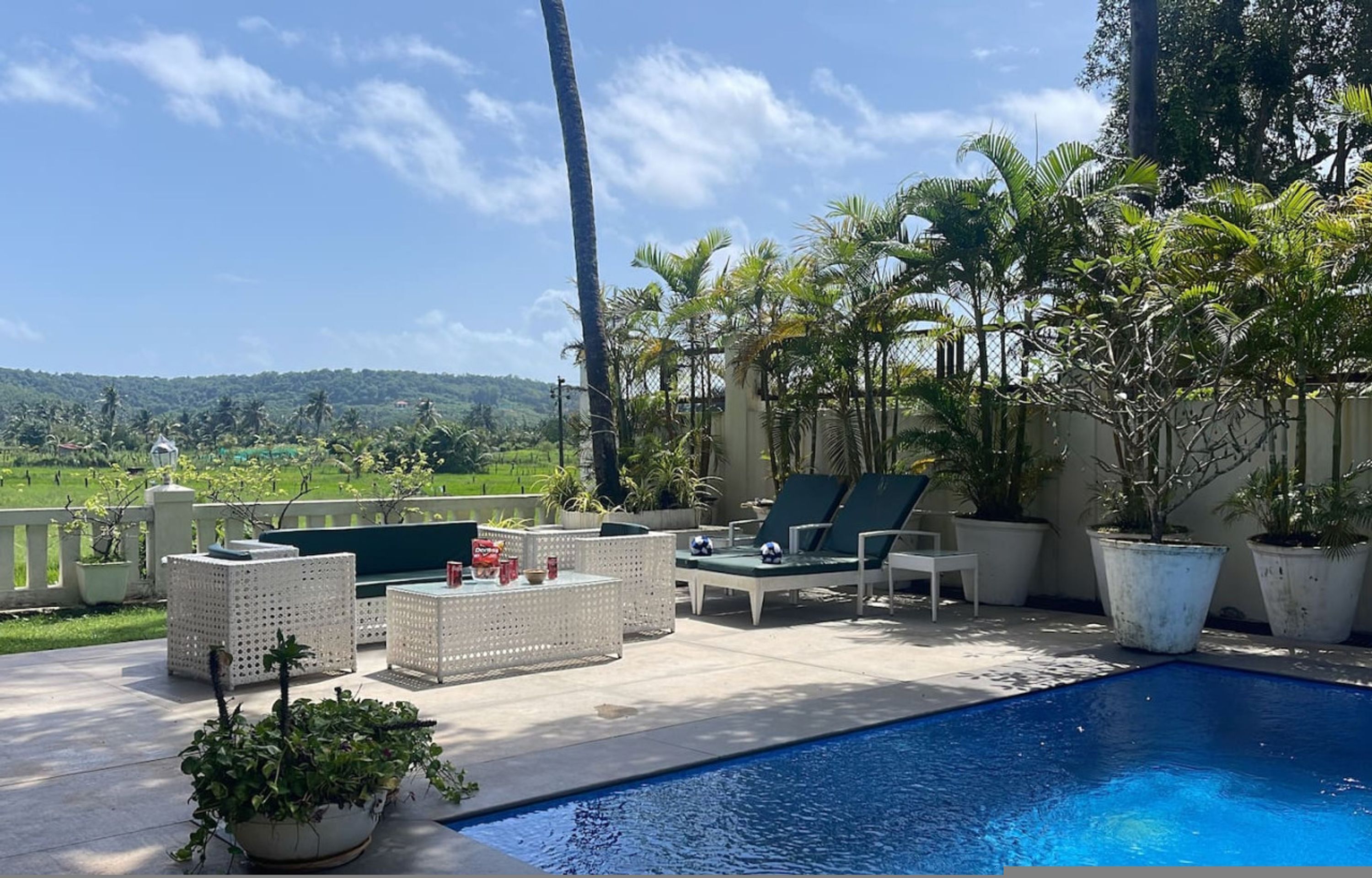 A poolside area with lounge chairs, a table, and potted plants.