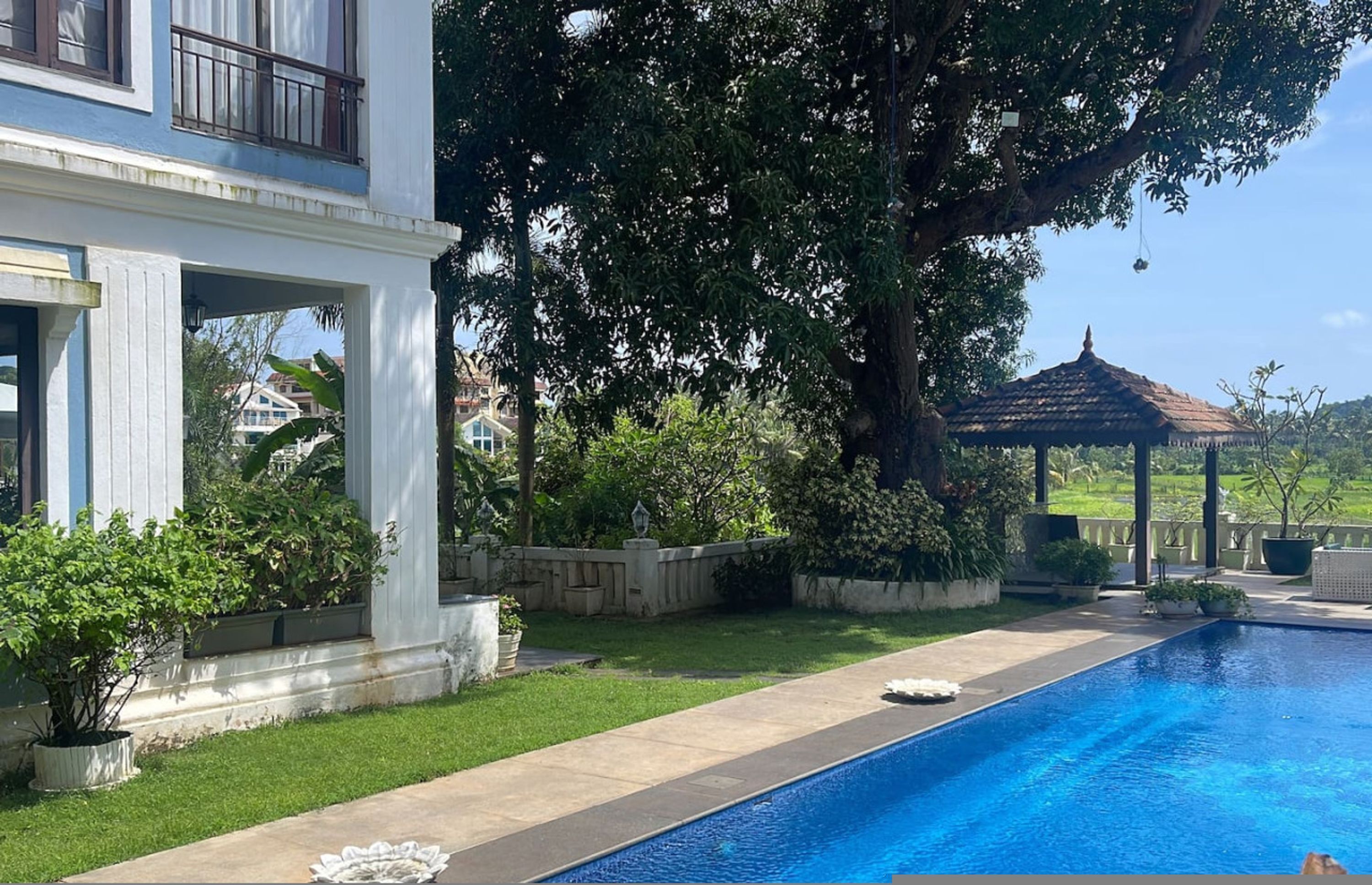 Ein Schwimmbecken mit einem Gazebo, üppigem Grün und einem großen Baum.
