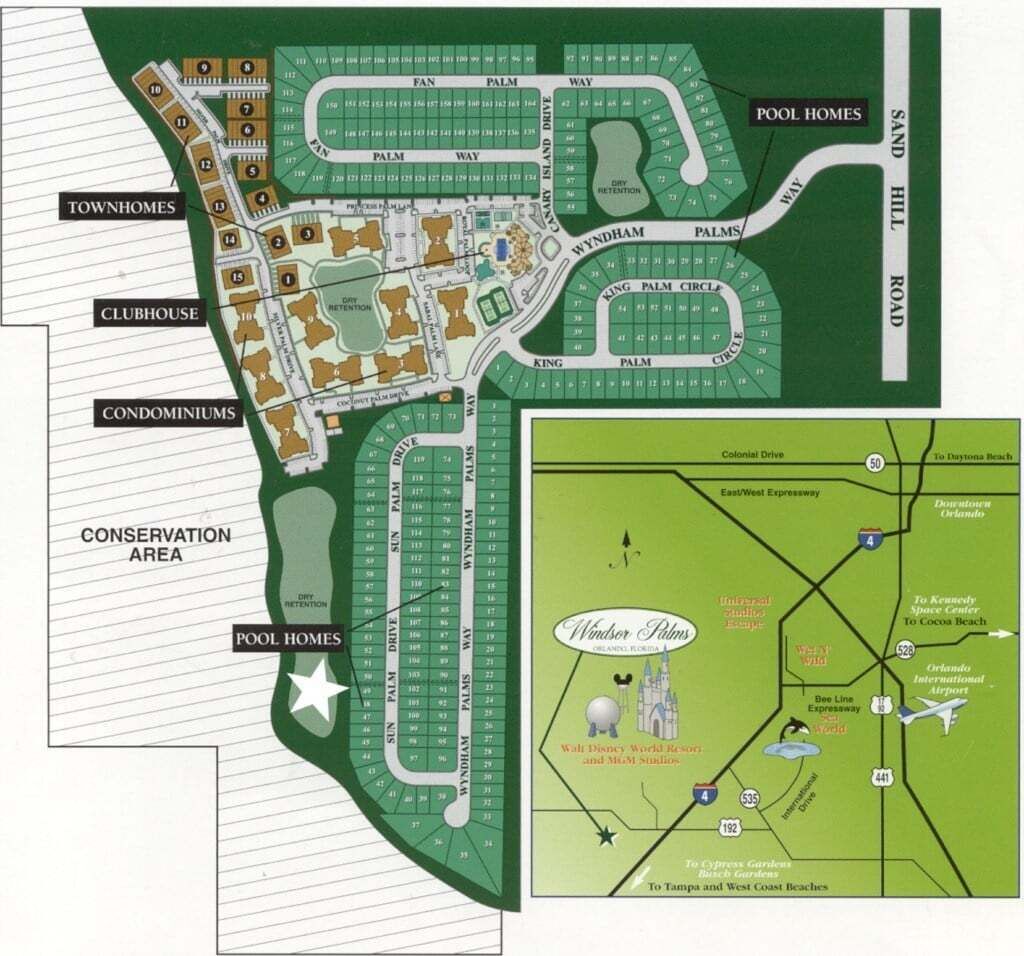 A resort layout with pool homes, townhomes, clubhouses, and condominiums.