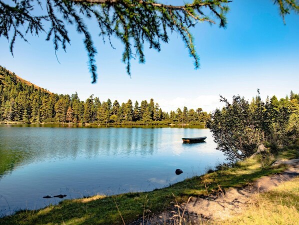 A calm lake surrounded by dense forest, a small boat on the water, and a clear sky.