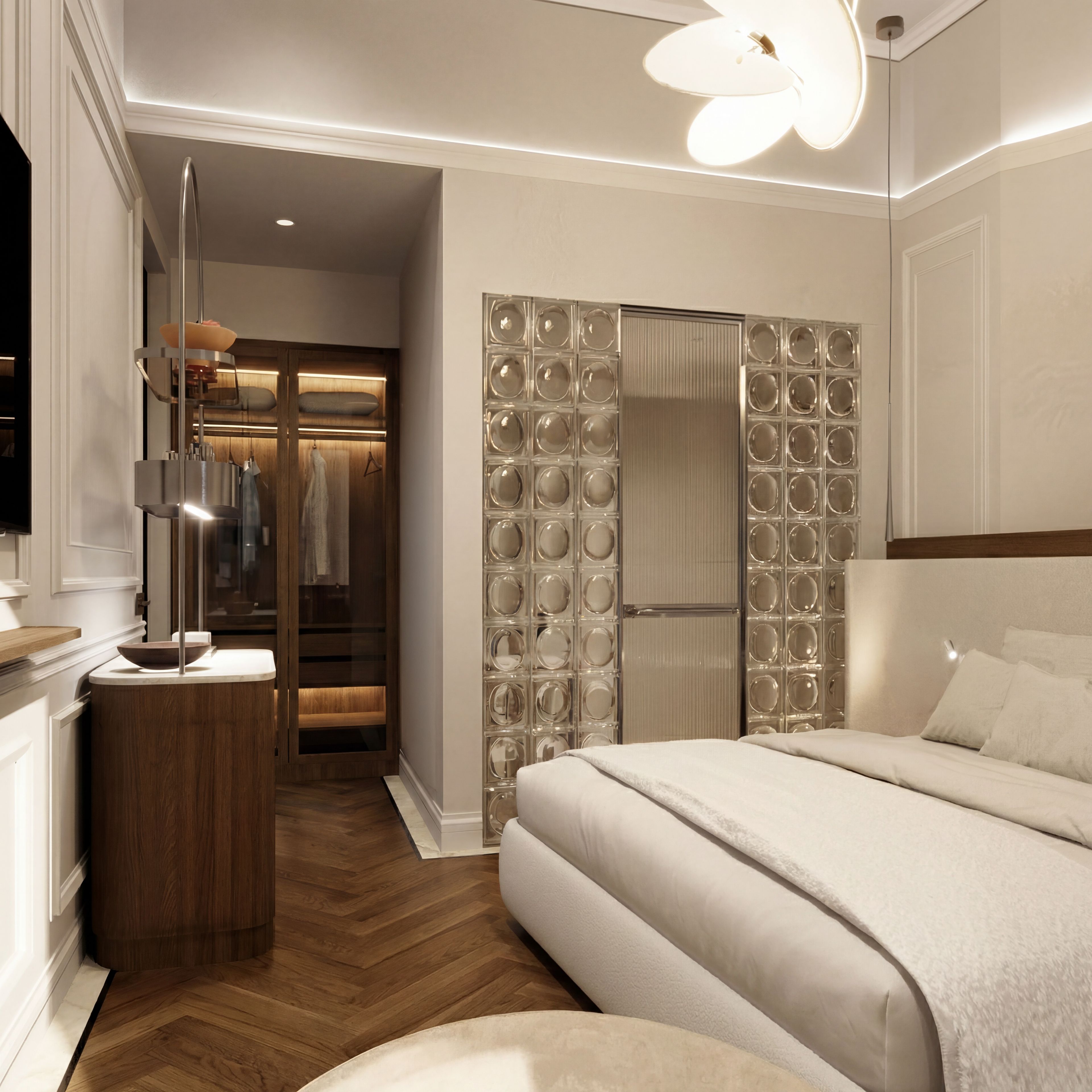 A modern bedroom with a large bed, a walk-in closet, and a mirror wall.