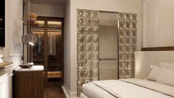 A modern bedroom with a large bed, a walk-in closet, and a mirror wall.