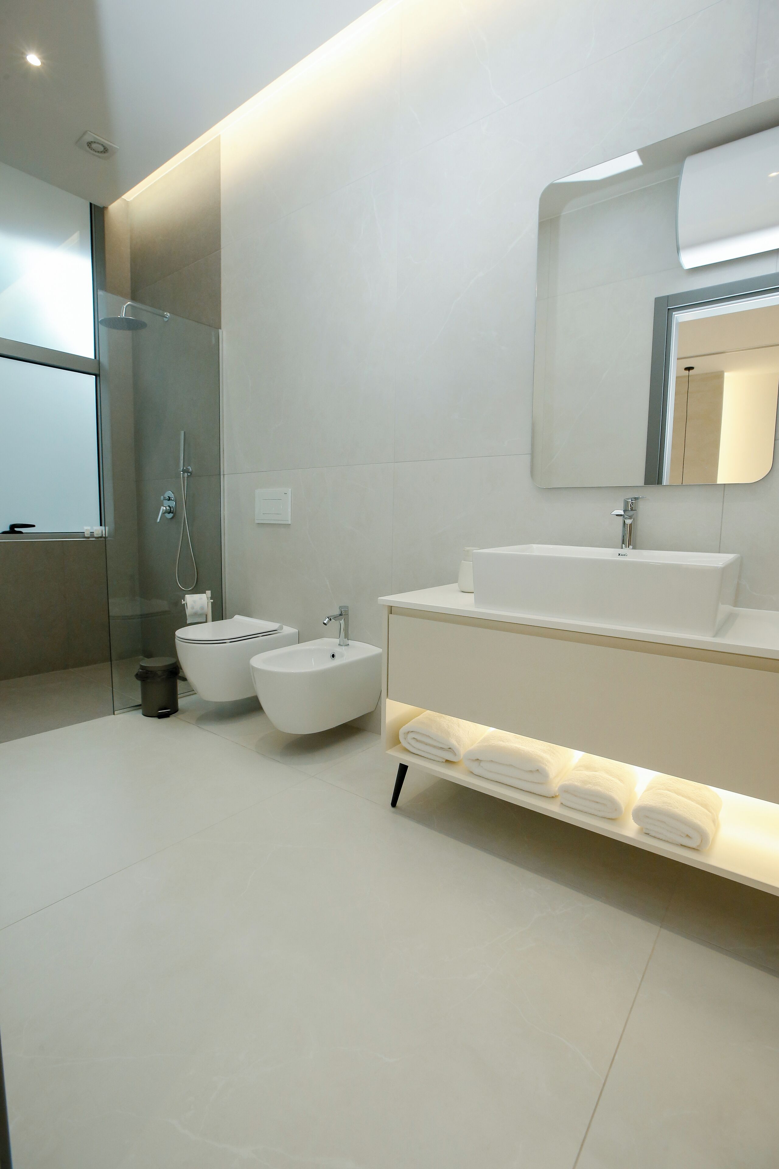 A modern bathroom with a glass shower enclosure, a bidet, a sink, and a mirror.