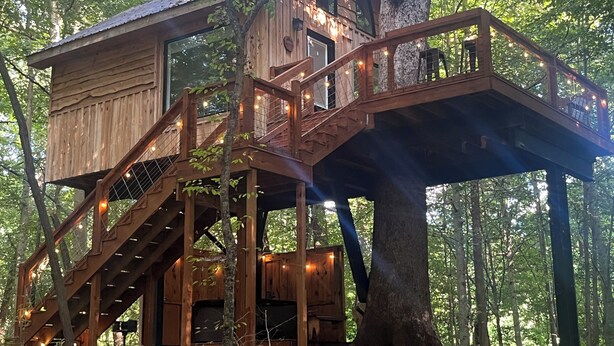 Una casa en los árboles con fachada de madera, varios niveles y una escalera.