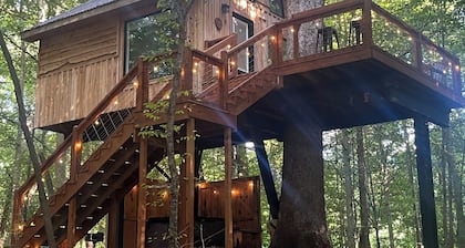 Secluded creekside treehouse cabin in Shelby with hot tub, AC, WiFi