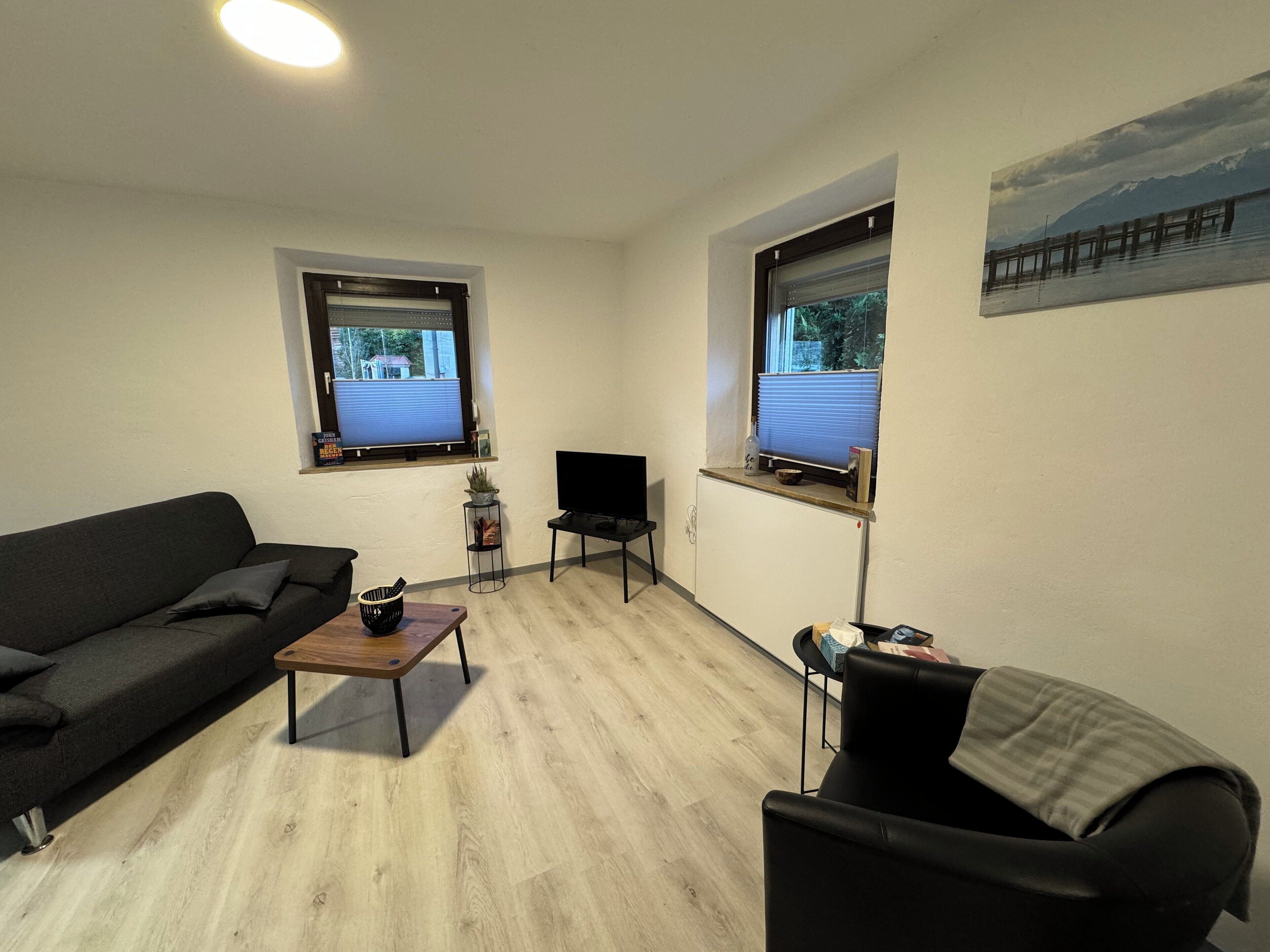Un salon moderne comprenant un canapé, une table basse, un téléviseur et une petite table d’appoint. Il y a deux fenêtres équipées de stores, et l’une d’elles offre une vue sur une maison et des arbres.