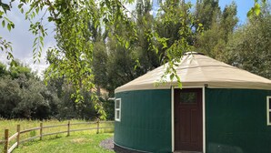 A green yurt with a beige roof, a wooden door, and a small window. - Private yurt perfect for your Magic Valley stay. (Buhl)