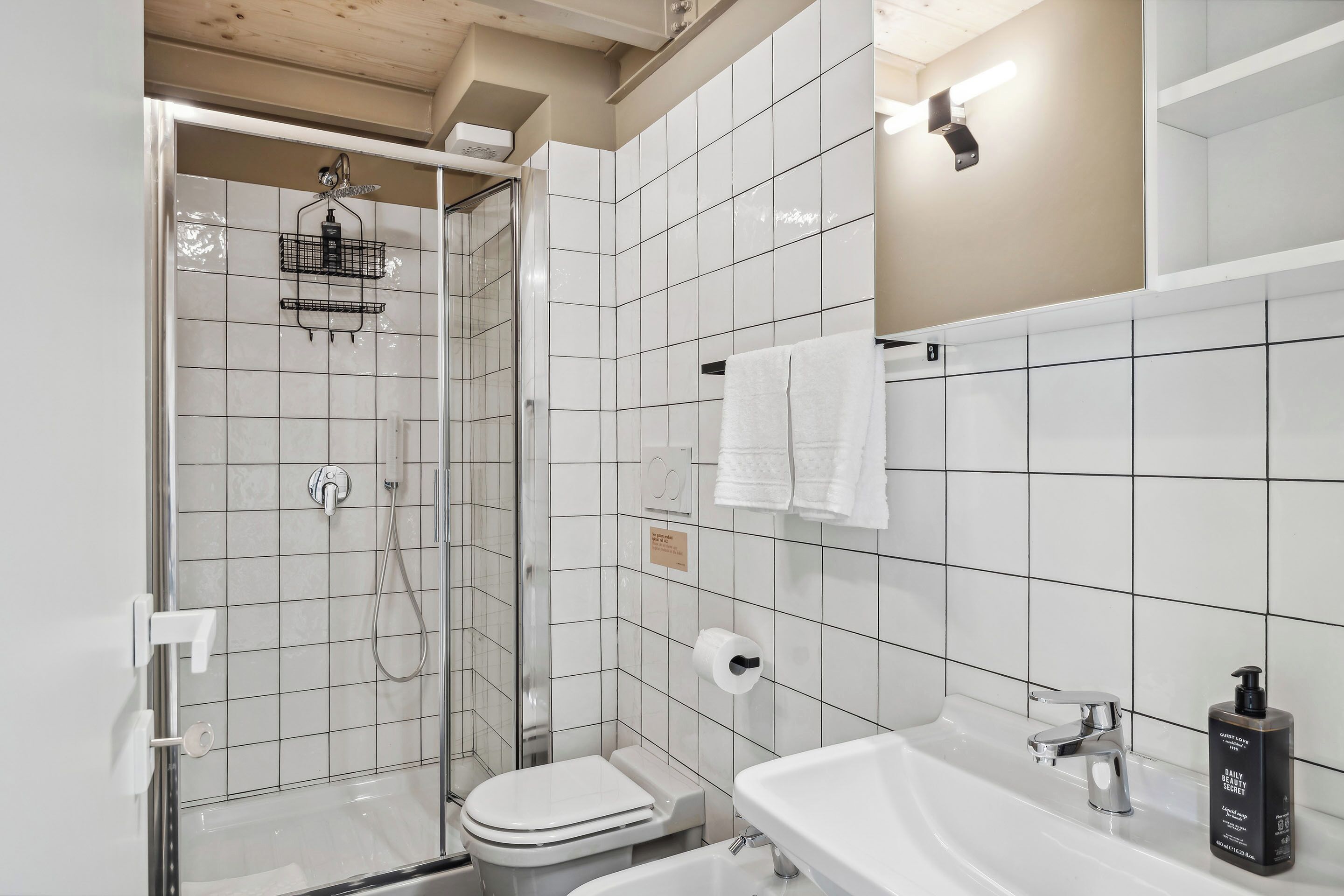 A modern bathroom with a glass-enclosed shower, a toilet, a sink, and a mirror.
