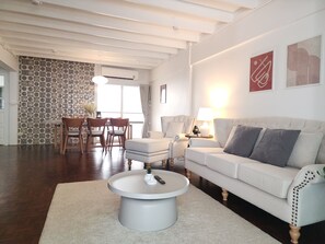Smart TV, fireplace, books