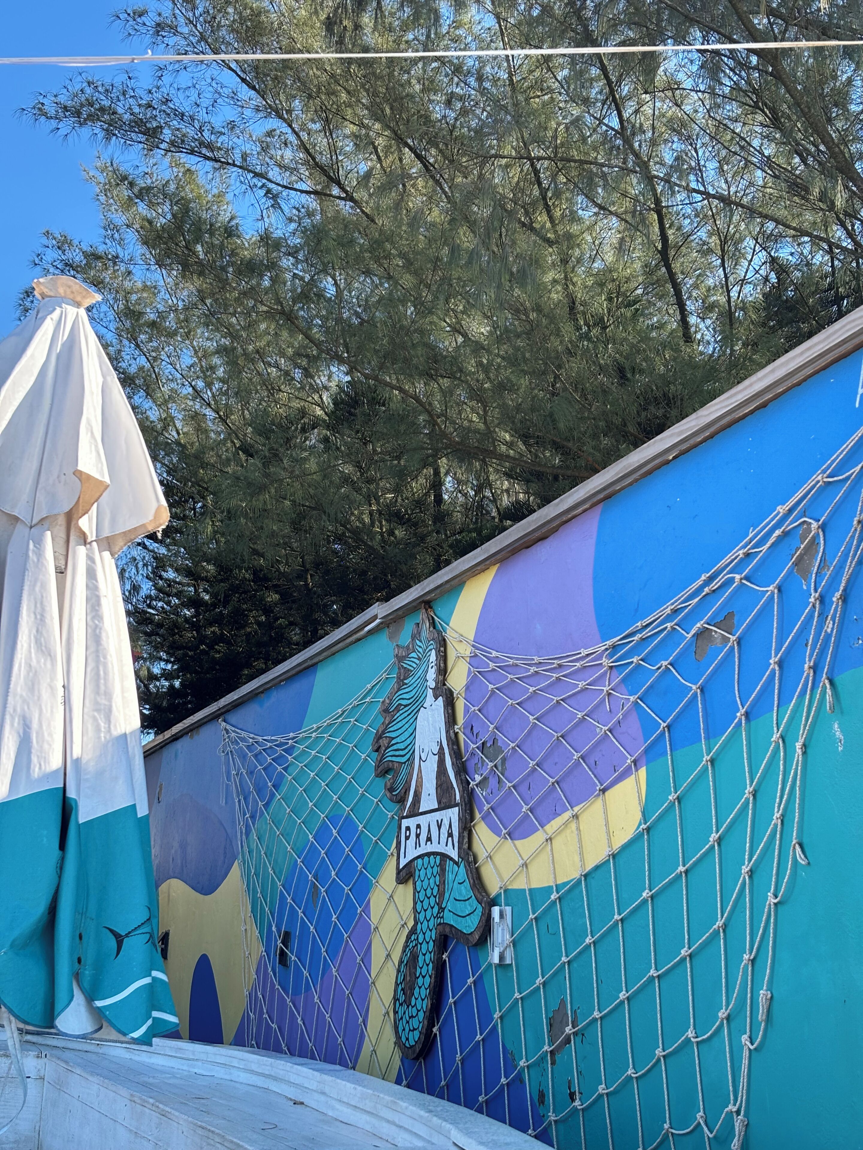 A colorful mural with a netted enclosure, a sign reading 'PRAYA,' and a white umbrella.