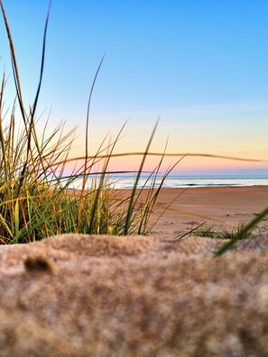 A beach with sand and grass in the foreground. - Maison Plain Pied Dans Résidence Sécurisée Avec Piscine-proche Plage (Vendres)