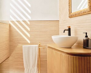 Hair dryer, bidet, towels, soap