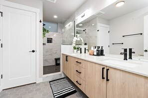 Hair dryer, towels, soap, shampoo