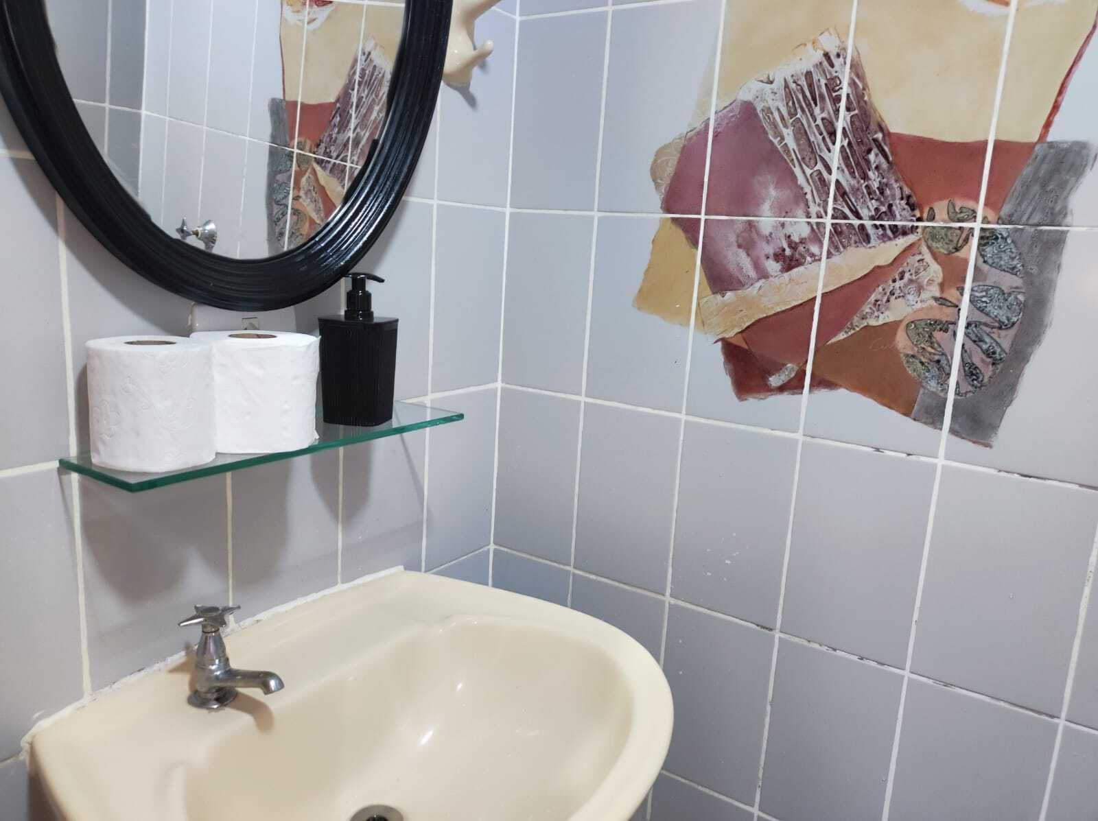 A bathroom with a sink, toilet paper, and a mirror.