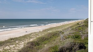 A beach with a clear sky, sandy shore, and sparse vegetation.