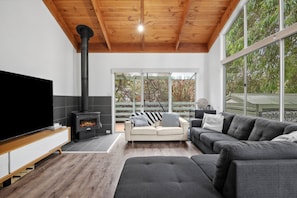 A modern living room with a large TV, a fireplace, and a sofa. - Walk2Everything (Anglesea)