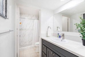 Hair dryer, towels, soap, toilet paper