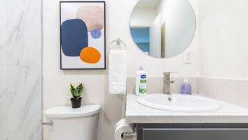 Shower, hair dryer, towels, soap