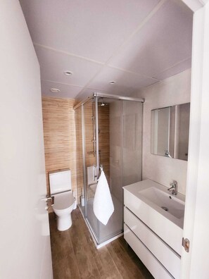A modern bathroom with a glass shower enclosure, a white toilet, and a vanity with a mirror. - Novamar apartamentos (Fuengirola)