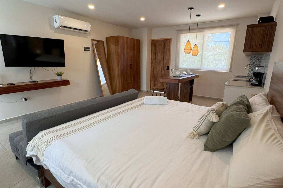 Een moderne slaapkamer met een groot bed, een plafondventilator, een televisie en een kitchenette.