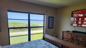 A bedroom with a large window, a bed with a patterned bedspread, a wooden bench, a TV on a wooden stand, and a framed picture on the wall. - Direct Beachfront Sea Oats Condo in Cocoa Beach (Cocoa Beach)