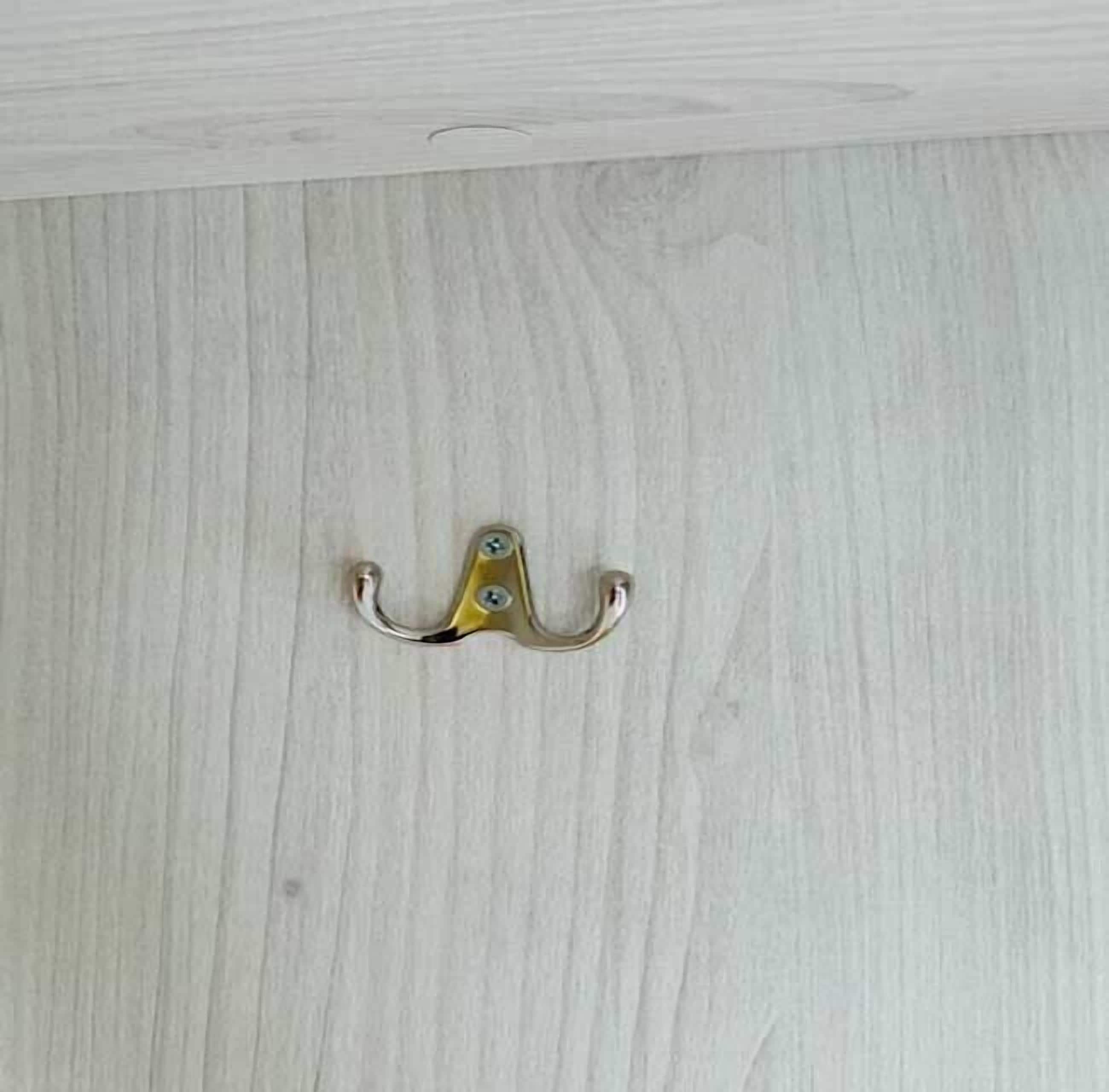 A metal hook on a light wooden wall.