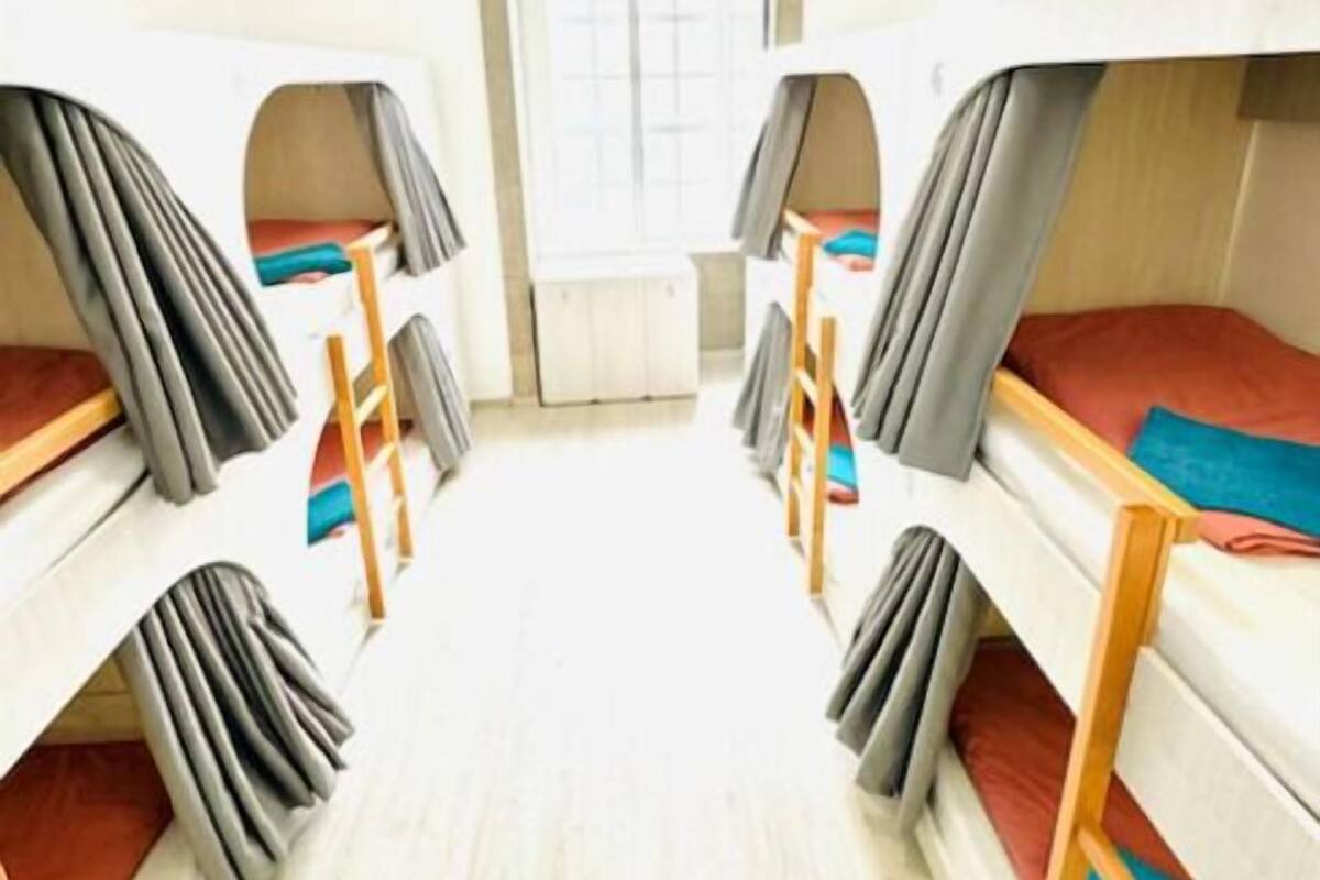 A dormitory room with bunk beds, a window, and a door.