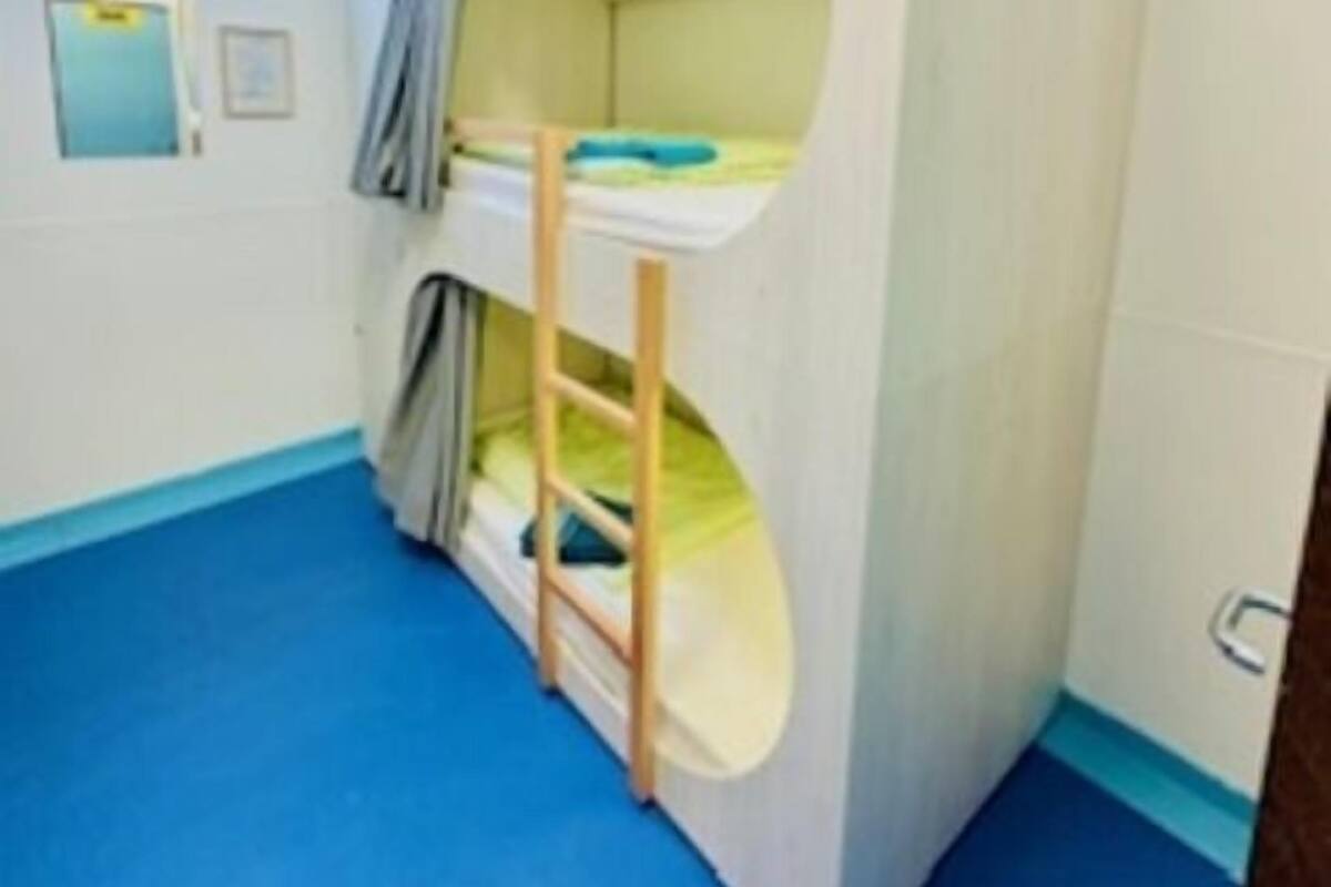 A bunk bed room with a window, a door, and a blue carpet.