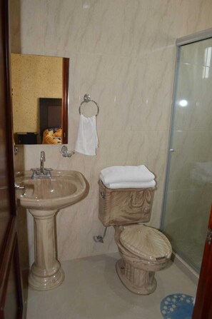 Shower, towels, soap, shampoo - Hotel Guadalupe Bernal (Ezequiel Montes)