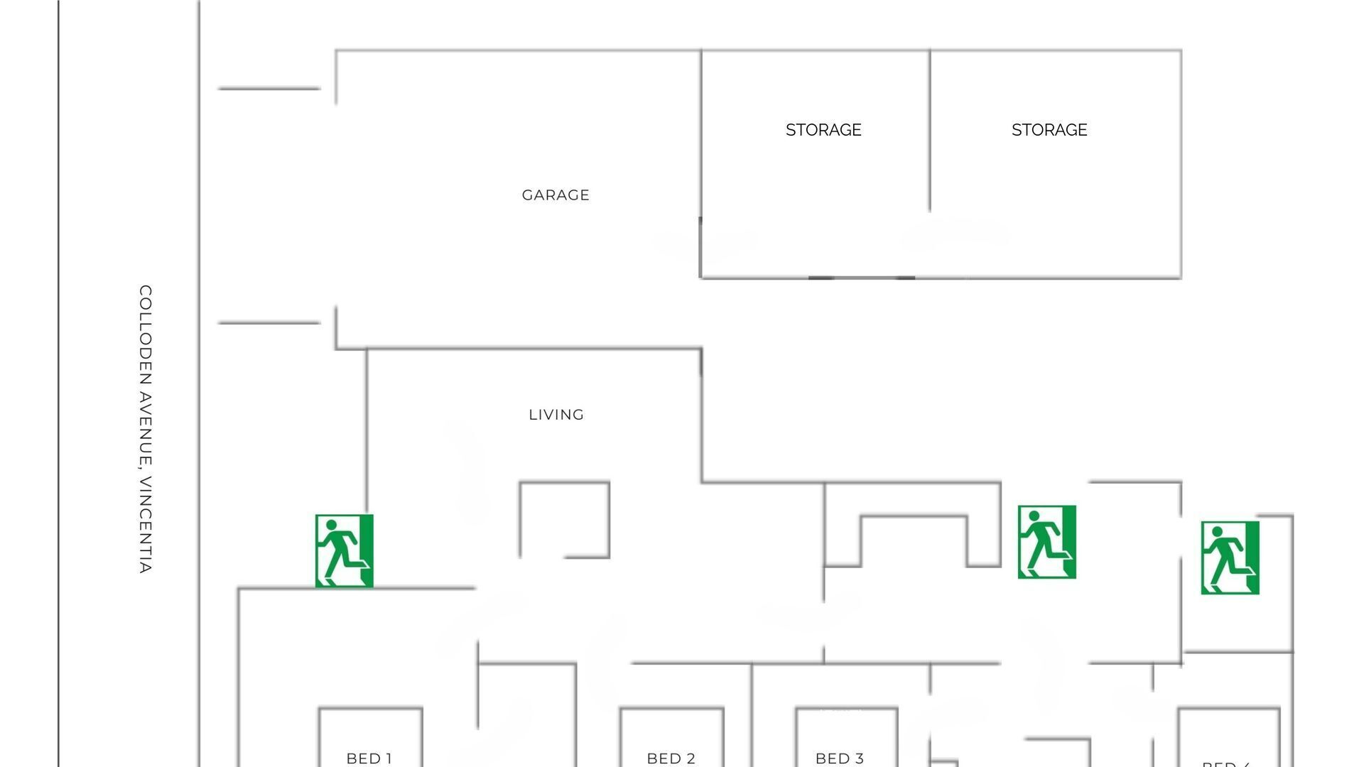 Un plan d’hôtel comprenant trois espaces de rangement, un espace de vie et trois chambres désignées par les noms « Chambre 1 », « Chambre 2 » et « Chambre 3 ».