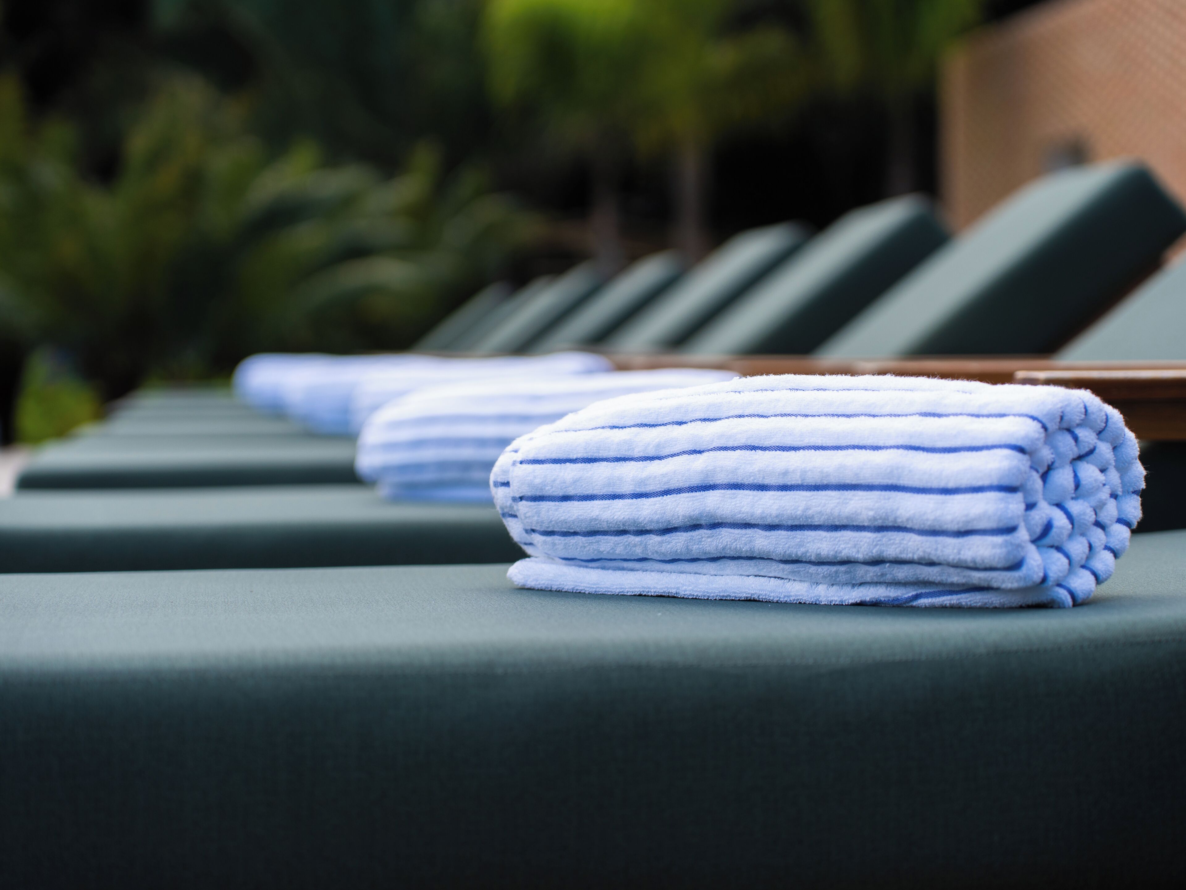 A row of lounge chairs with towels.