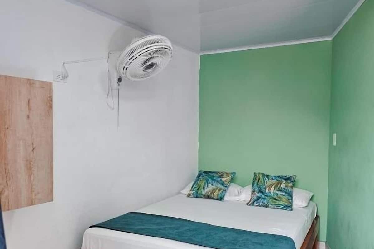A bedroom with a bed, a ceiling fan, and a green wall.