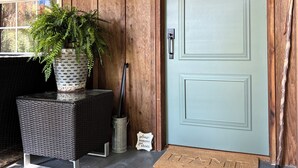 Eine Holzwand mit grüner Tür, einem Blumentopf, einem Metallkübel und einer Fußmatte.