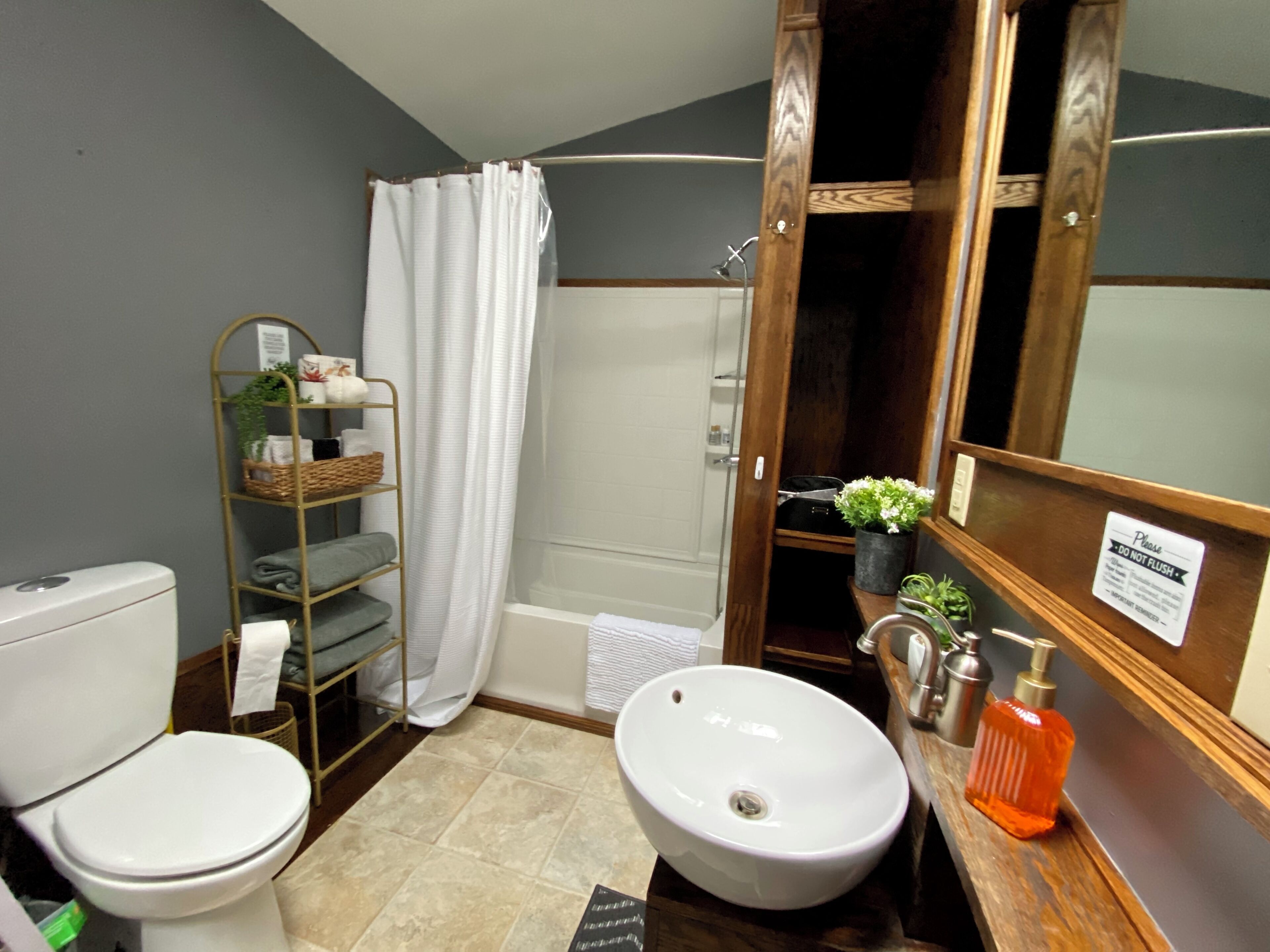 Hair dryer, towels, soap, toilet paper