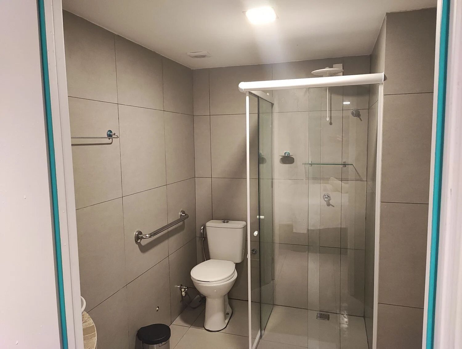 A small, modern bathroom with a toilet, a glass shower enclosure, and a grab bar.
