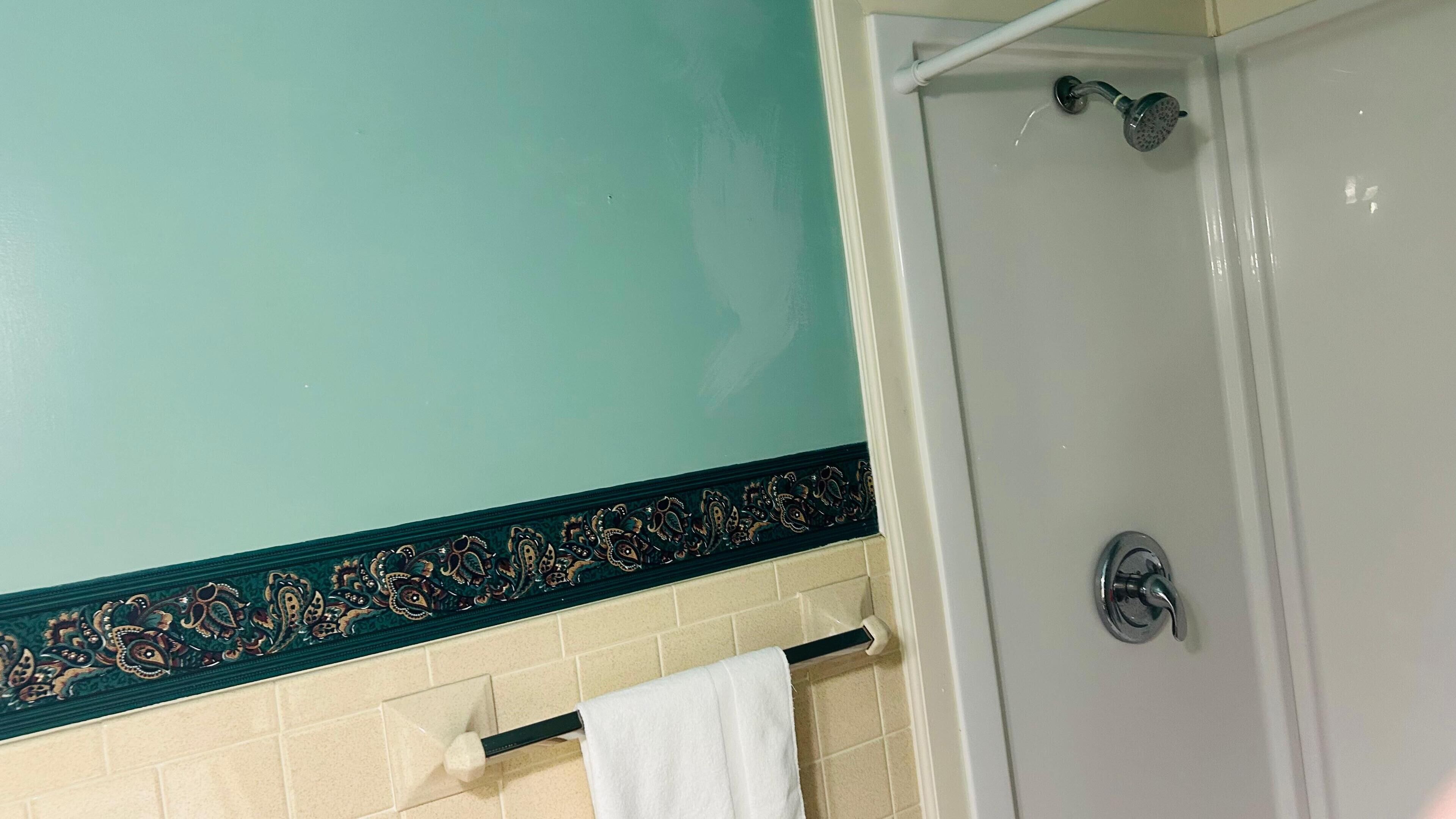 A bathroom with a shower, a towel rack, and a decorative border on the wall.
