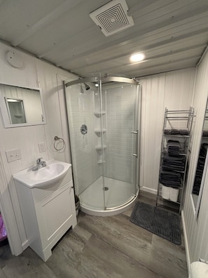 Regadera, toallas, jabón, shampoo