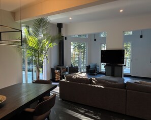 Smart TV, chimenea, libros, impresora