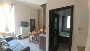 Ein kompakter Wohnraum mit einer Couch, einem Esstisch mit Stühlen, einem Fernseher, einem Kleiderschrank und einem Badezimmer mit Dusche.