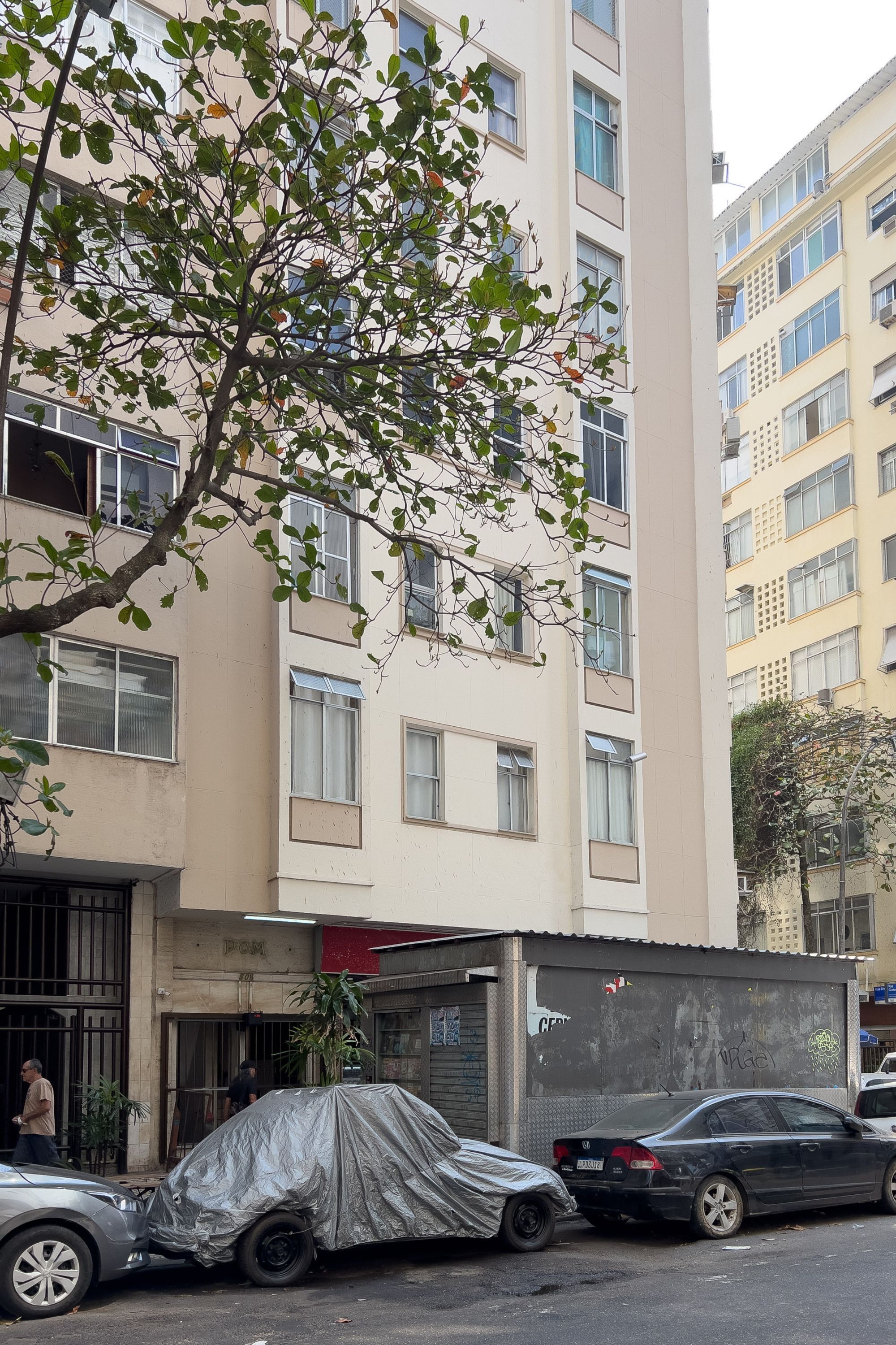 A multi-story building with a ground-level entrance, a covered car, and a tree in front.