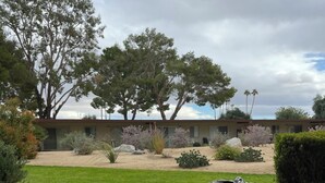 A patio area with a view of a building and a garden.