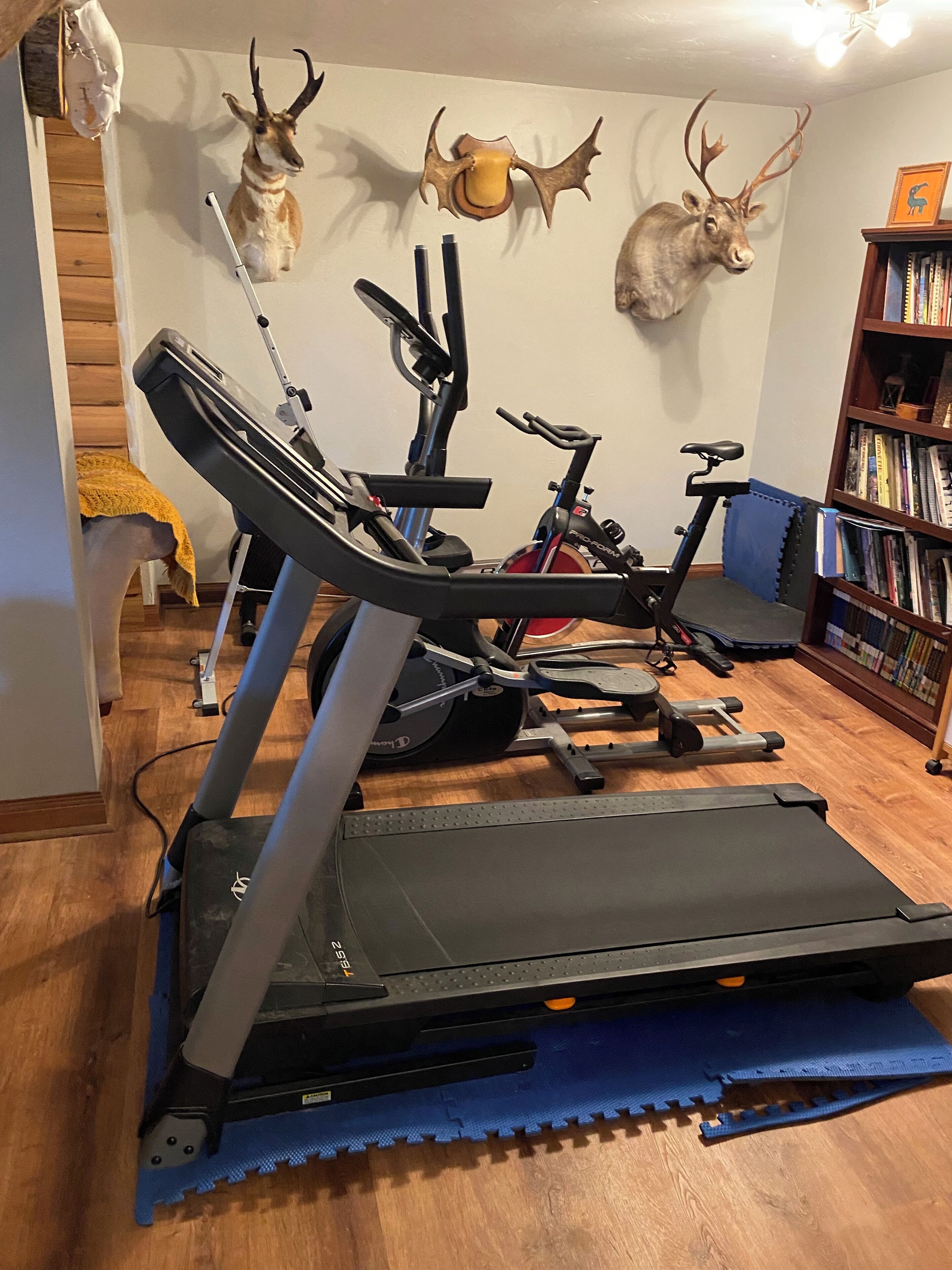 Ginásio doméstico com esteiras, bicicletas ergométricas e equipamentos de exercício.