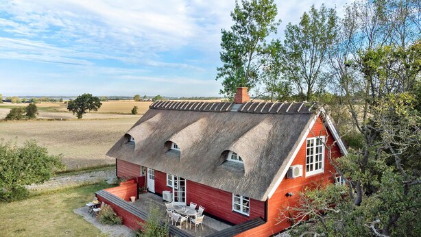 Una casa roja con techo de paja, un pequeño porche y un jardín con muebles de exterior.