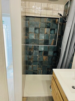 Shower, towels, toilet paper